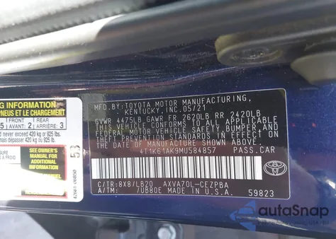 2021 Toyota Camry Xse z USA, uszkodzony, nr VIN 4T1K61AK9MU584857